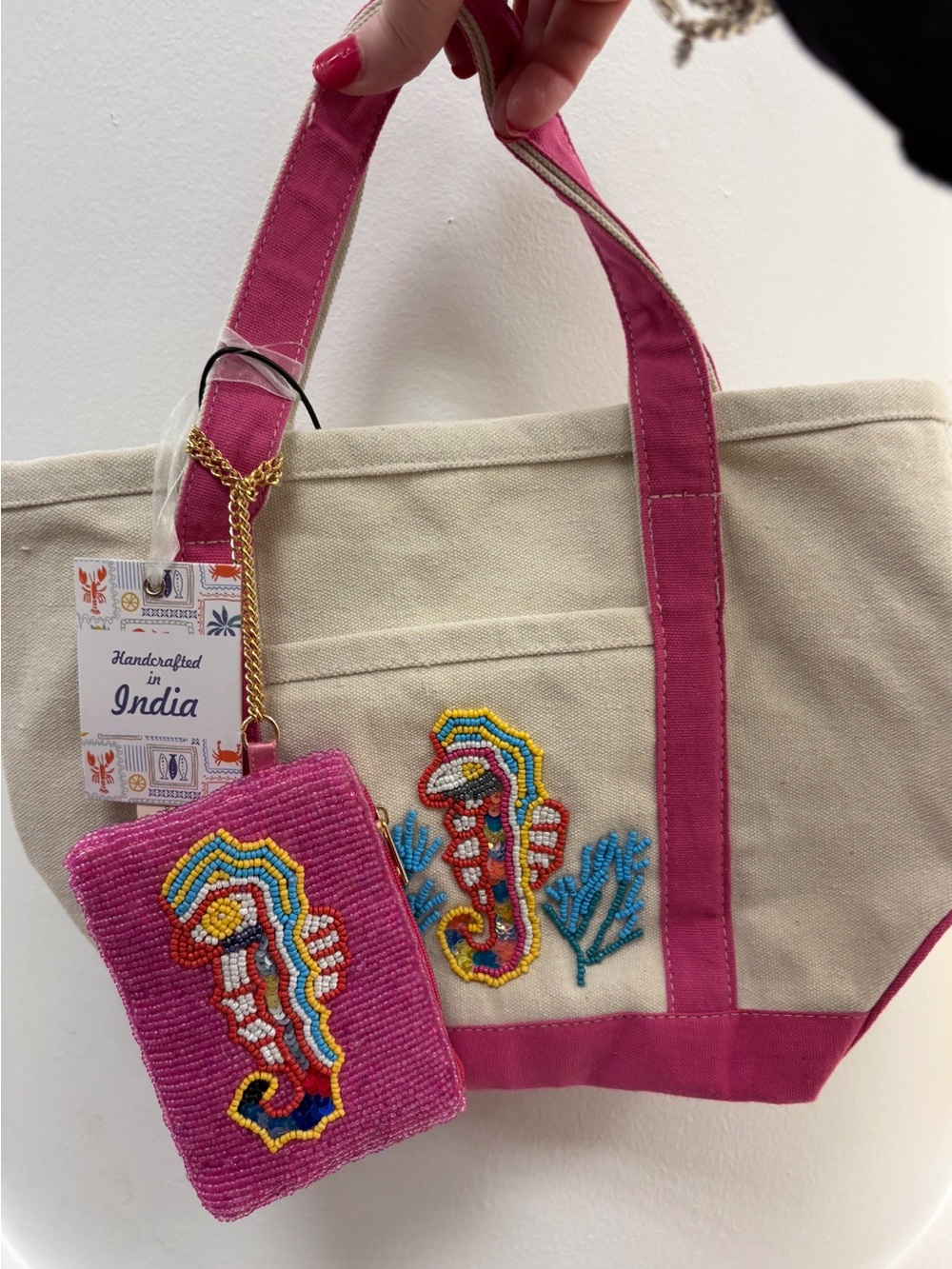 Canvas Tote with Pink Trim and Beaded Seahorse Accent
